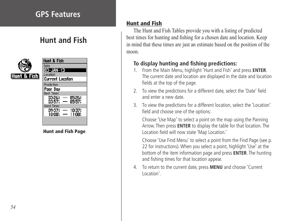 Hunt and fish, Gps features | Garmin GPS 60 User Manual | Page 64 / 90