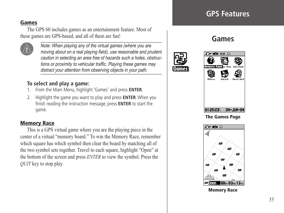 Games, Memory race, Gps features games | Garmin GPS 60 User Manual | Page 65 / 90