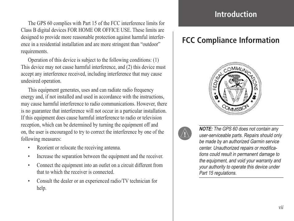 Fcc compliance information, Introduction | Garmin GPS 60 User Manual | Page 7 / 90