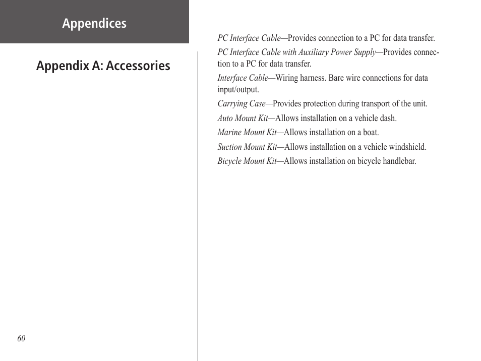 Appendices appendix a: accessories | Garmin GPS 60 User Manual | Page 70 / 90