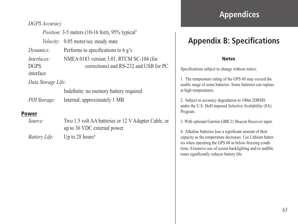 Appendices appendix b: speciﬁcations, Appendices | Garmin GPS 60 User Manual | Page 73 / 90