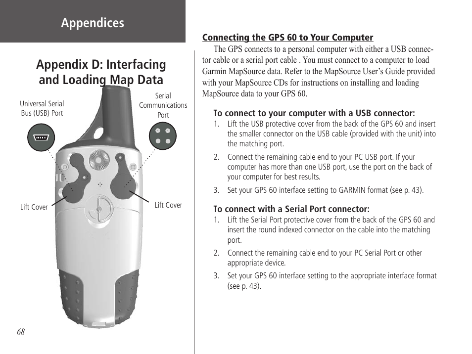 Appendix d: interfacing and loading map data, Appendix d: interfacing and loading map data .68, Appendices | Garmin GPS 60 User Manual | Page 78 / 90