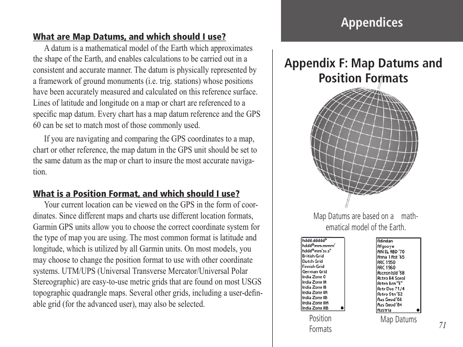 Appendix f: map datums and position formats, Appendix f: map datums and position formats .71 | Garmin GPS 60 User Manual | Page 81 / 90