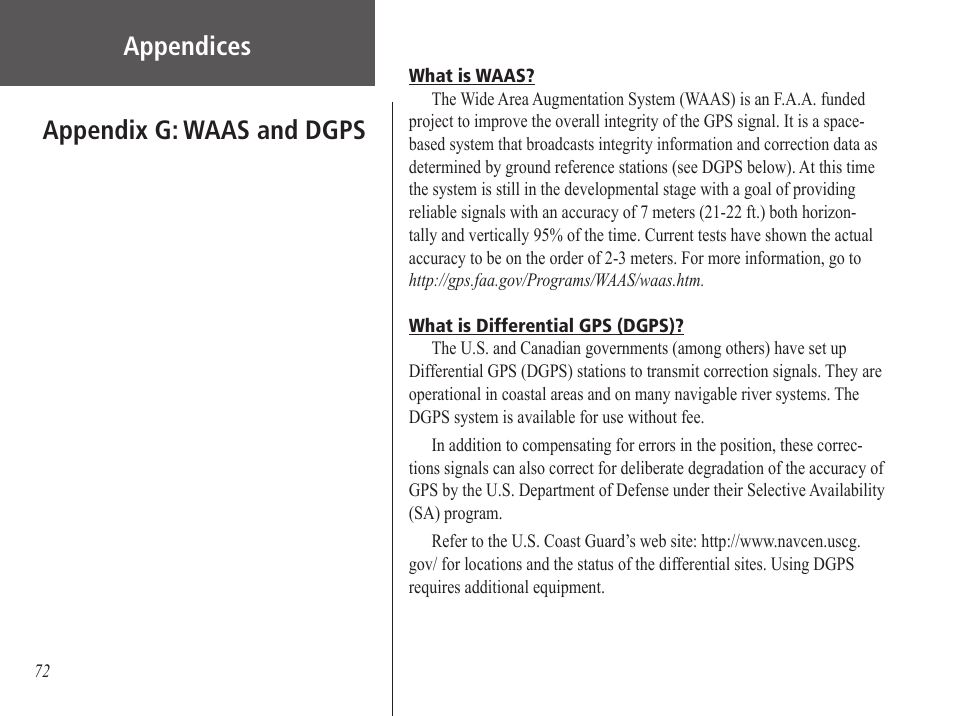 Appendix g: waas and dgps, Appendices | Garmin GPS 60 User Manual | Page 82 / 90