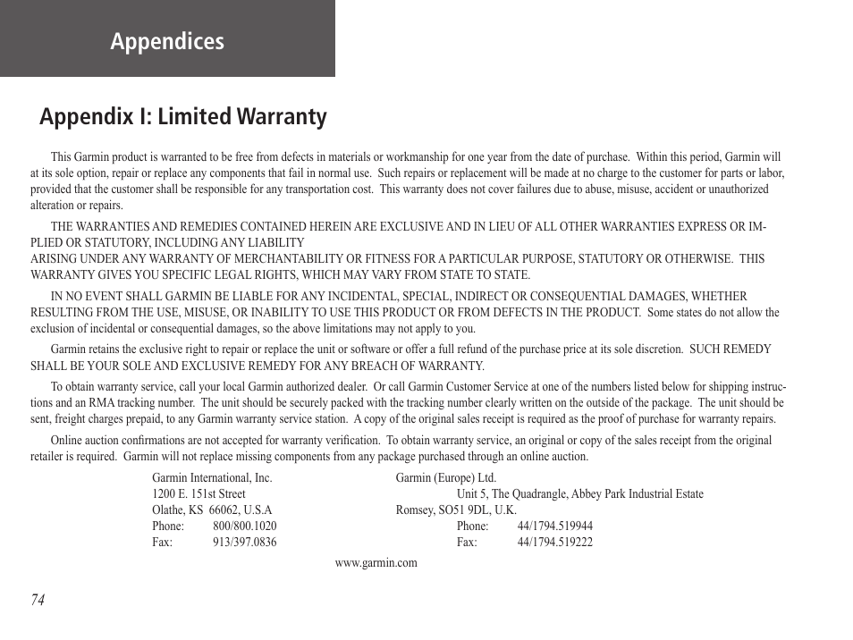 Appendix i: limited warranty, Appendices | Garmin GPS 60 User Manual | Page 84 / 90