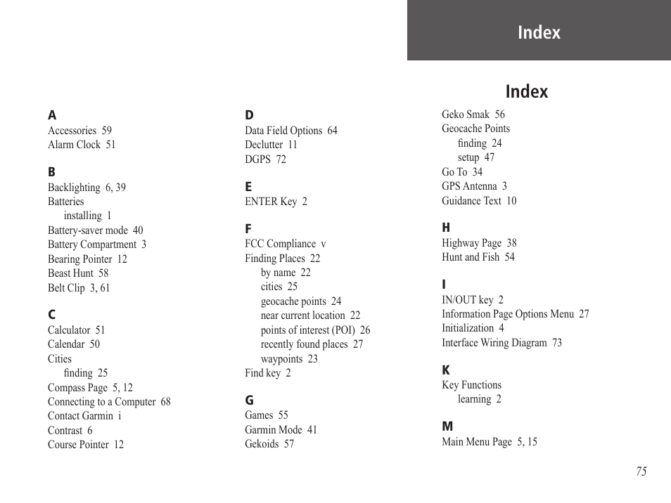 Index | Garmin GPS 60 User Manual | Page 85 / 90