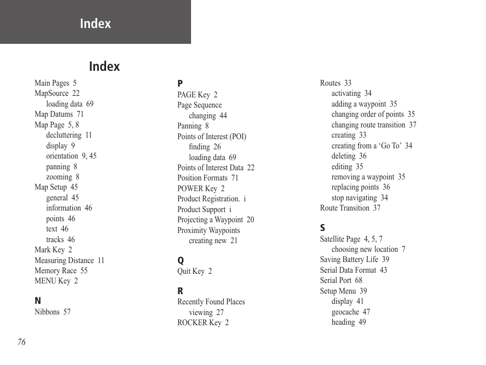 Index | Garmin GPS 60 User Manual | Page 86 / 90