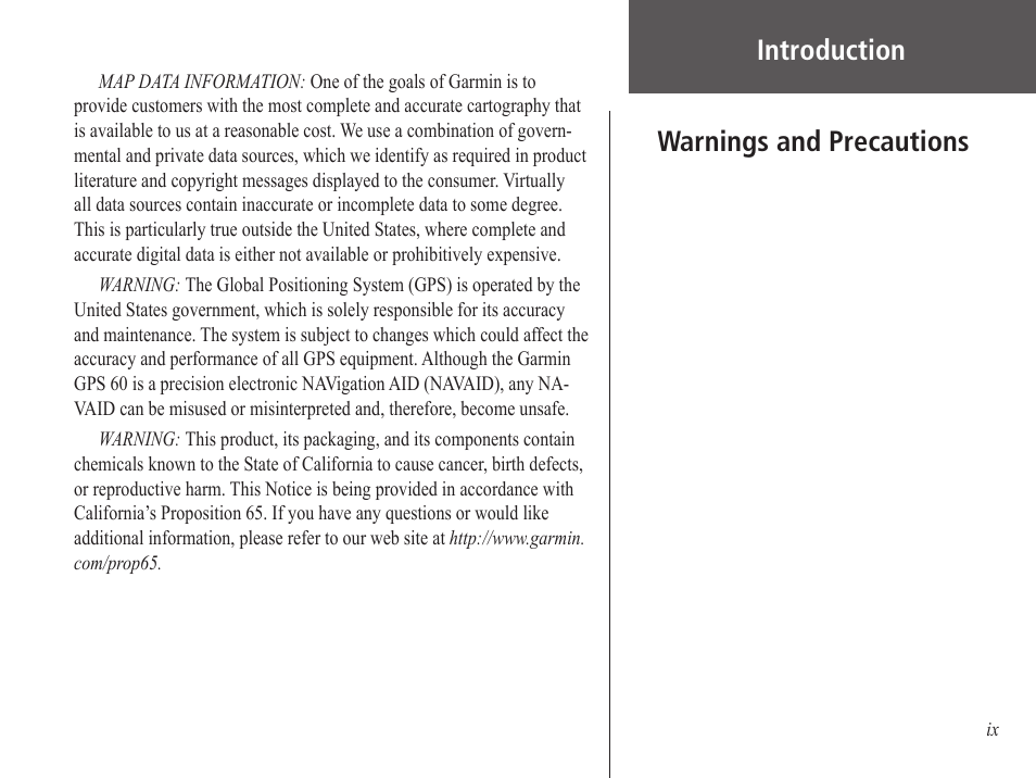 Introduction, Warnings and precautions | Garmin GPS 60 User Manual | Page 9 / 90