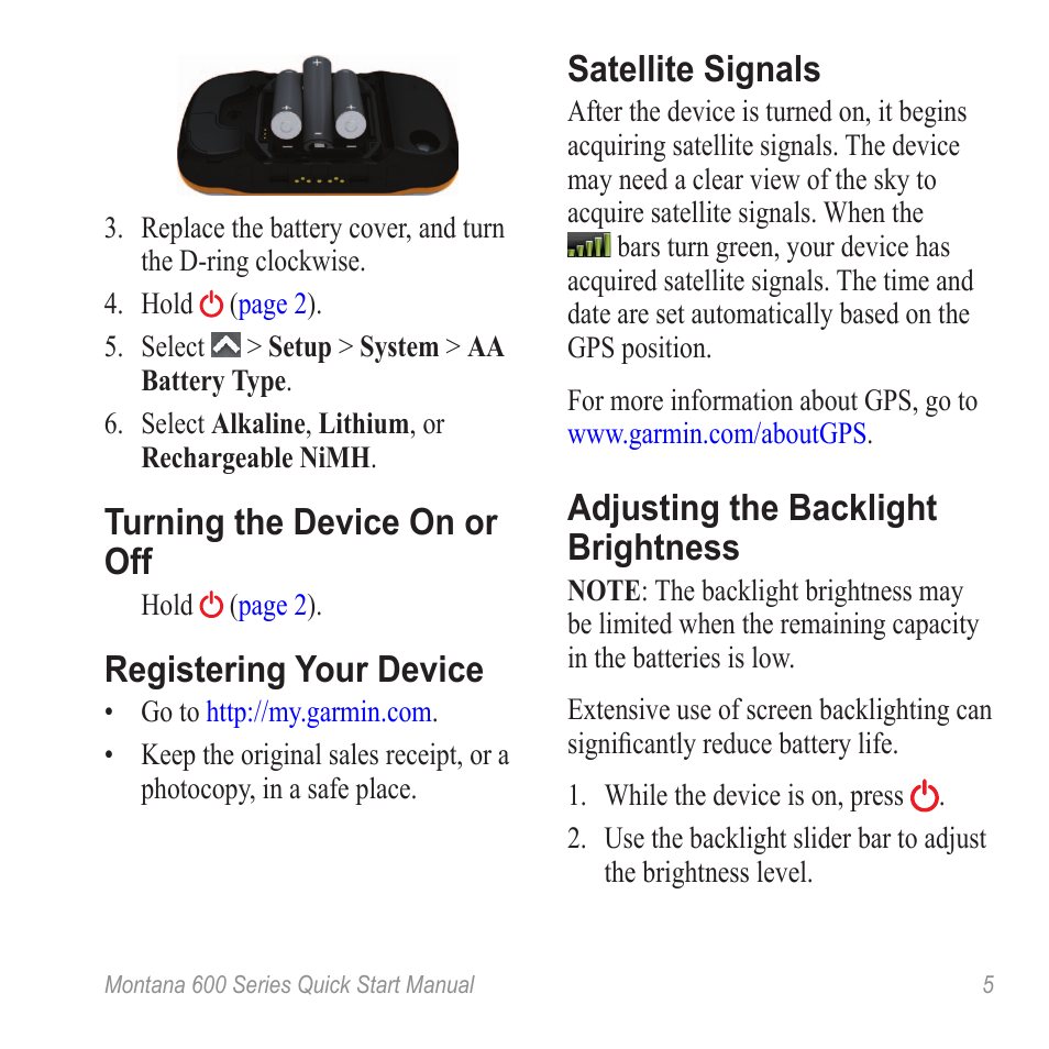 Urn on the device, Register the device, Turning the device on or off | Registering your device, Satellite signals, Adjusting the backlight brightness | Garmin Montana 650t User Manual | Page 5 / 12