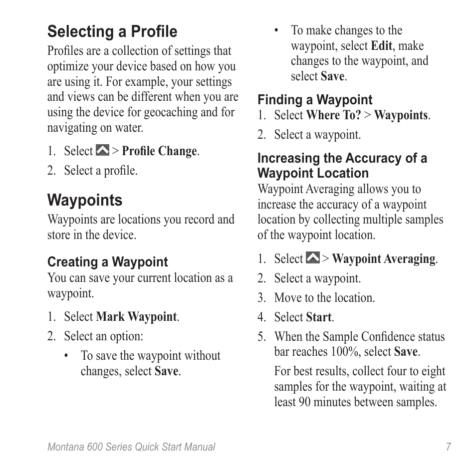 Mark a waypoint, Selecting a profile, Waypoints | Garmin Montana 650t User Manual | Page 7 / 12