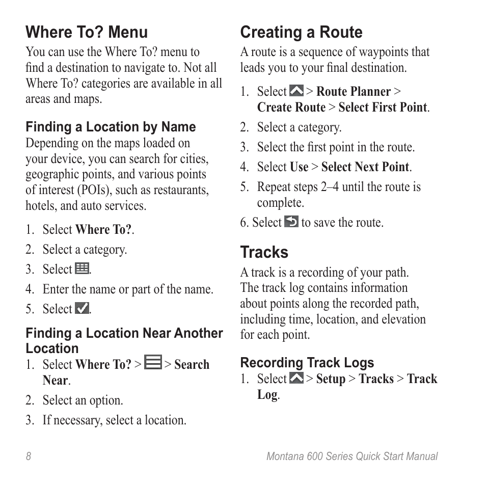 Create a route, Where to? menu, Creating a route | Tracks | Garmin Montana 650t User Manual | Page 8 / 12