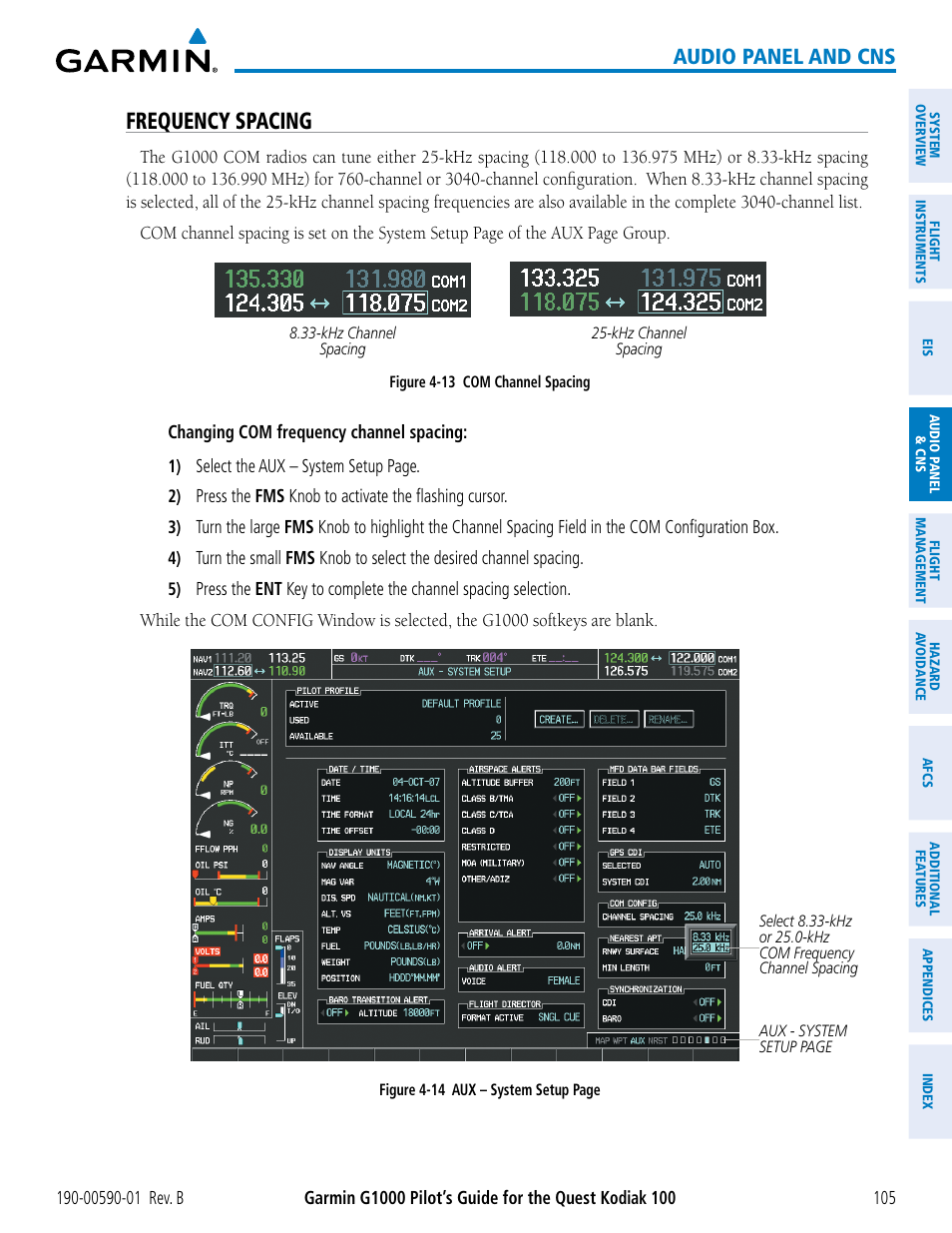 Frequency spacing, Audio panel and cns | Garmin G1000 Quest Kodiak User Manual | Page 117 / 476