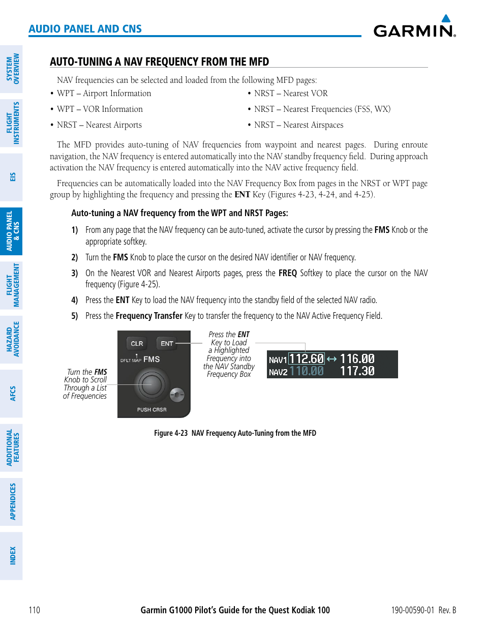 Auto-tuning a nav frequency from the mfd, Audio panel and cns | Garmin G1000 Quest Kodiak User Manual | Page 122 / 476