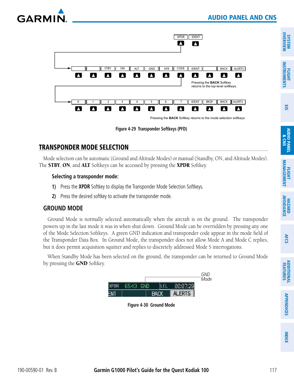 Transponder mode selection, Audio panel and cns, Ground mode | Garmin G1000 Quest Kodiak User Manual | Page 129 / 476