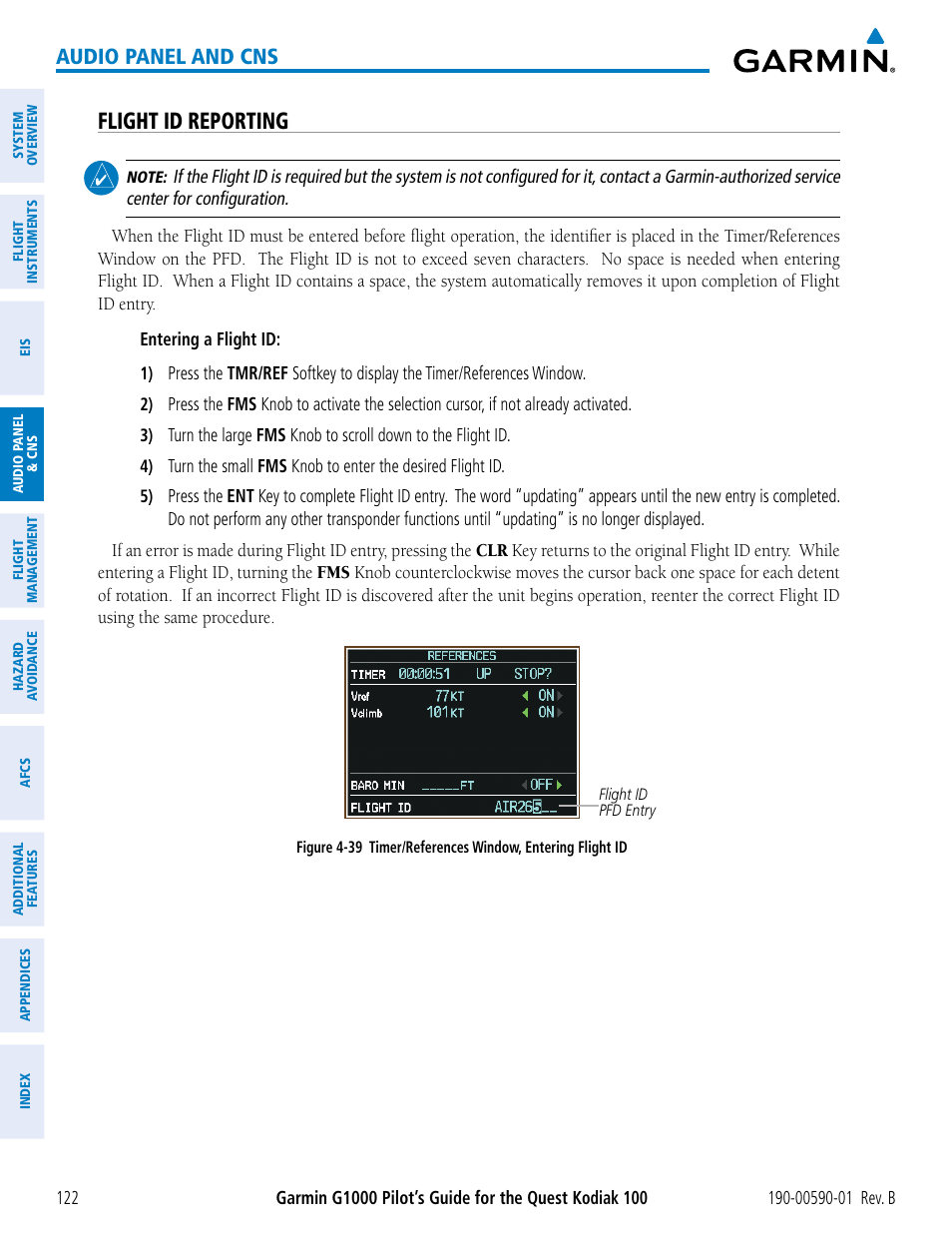 Flight id reporting, Audio panel and cns | Garmin G1000 Quest Kodiak User Manual | Page 134 / 476