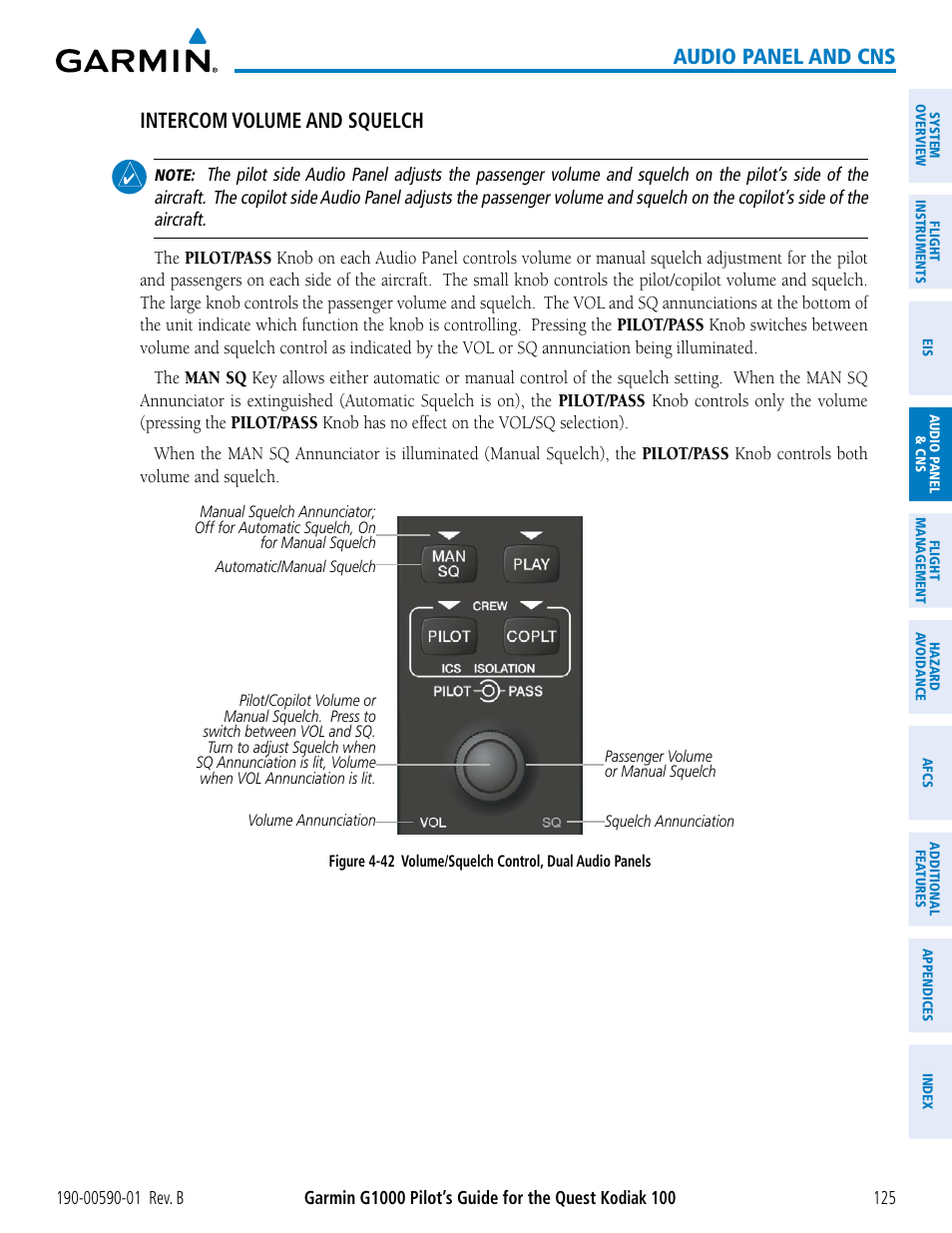 Audio panel and cns, Intercom volume and squelch | Garmin G1000 Quest Kodiak User Manual | Page 137 / 476