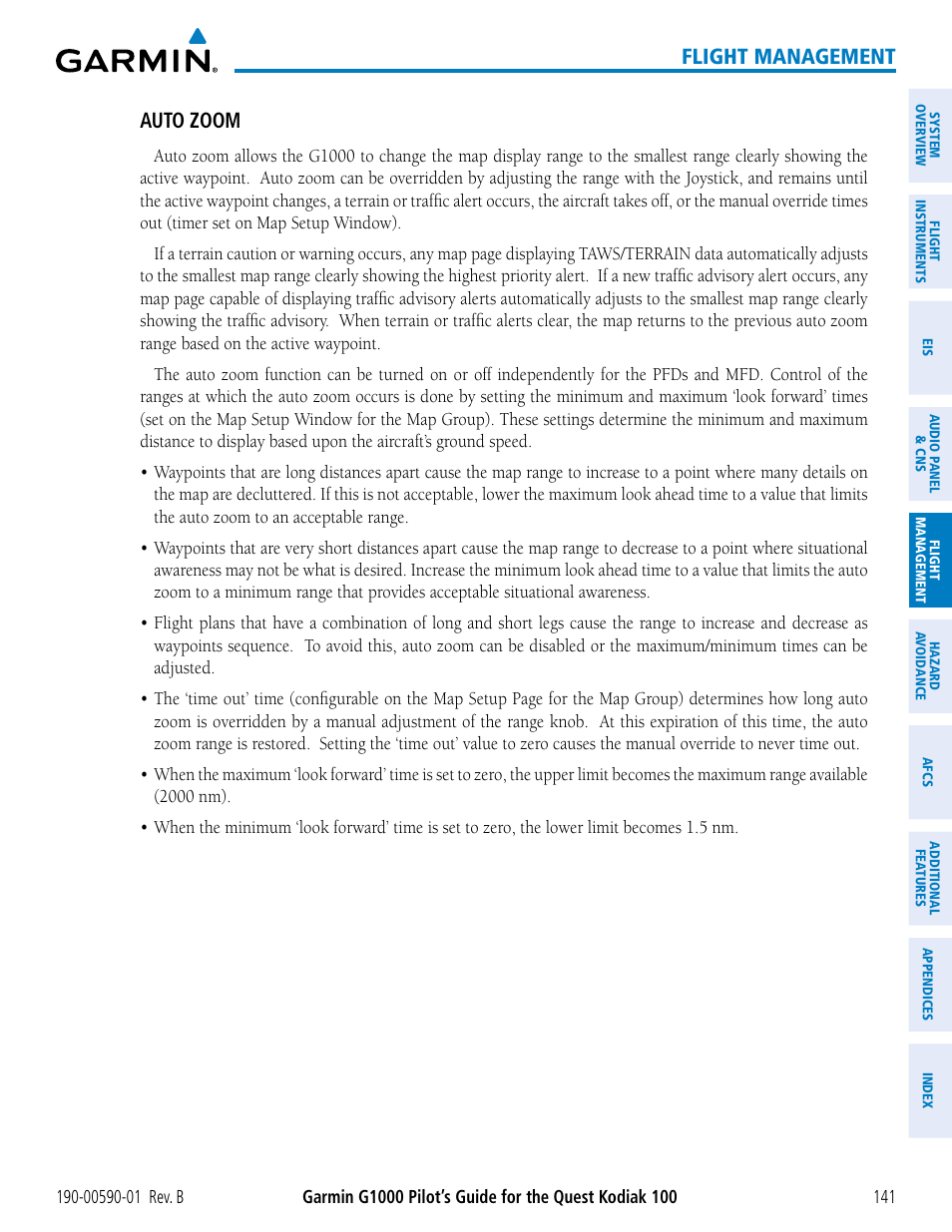 Flight management, Auto zoom | Garmin G1000 Quest Kodiak User Manual | Page 153 / 476