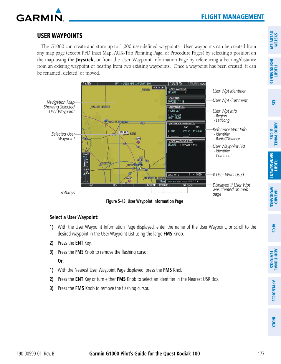 User waypoints, Flight management | Garmin G1000 Quest Kodiak User Manual | Page 189 / 476