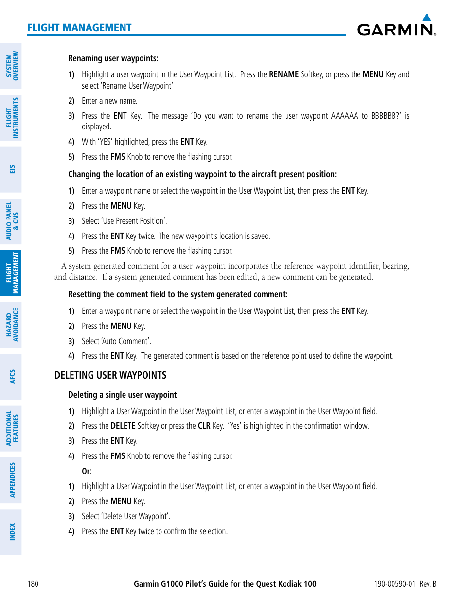 Flight management, Deleting user waypoints | Garmin G1000 Quest Kodiak User Manual | Page 192 / 476