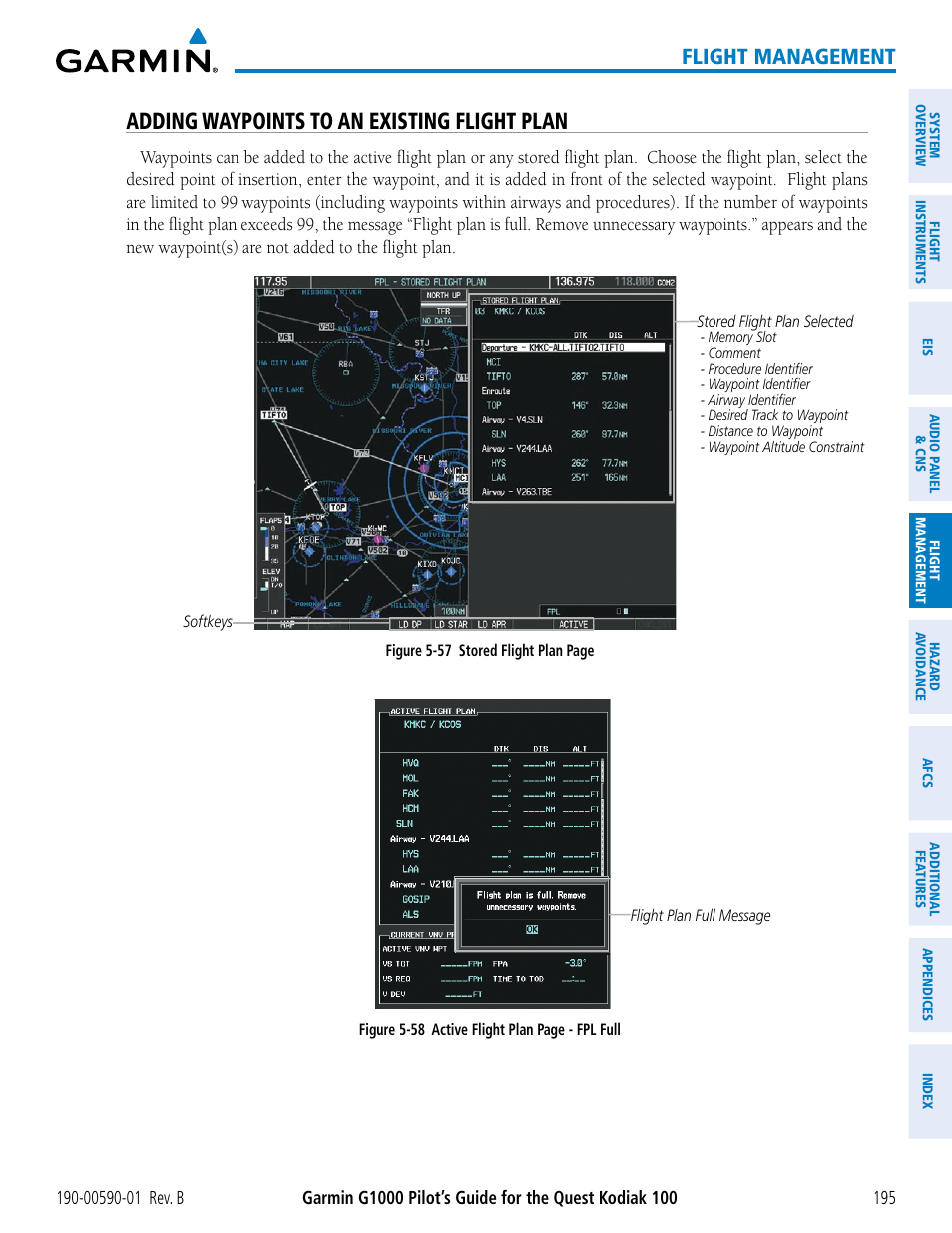 Adding waypoints to an existing flight plan, Flight management | Garmin G1000 Quest Kodiak User Manual | Page 207 / 476