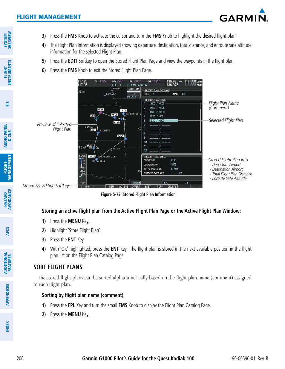 Flight management, Sort flight plans | Garmin G1000 Quest Kodiak User Manual | Page 218 / 476