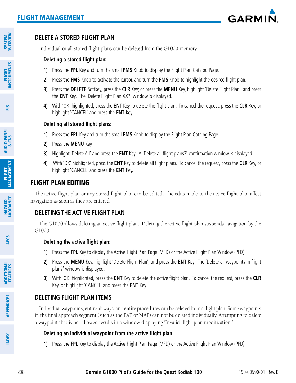 Flight plan editing, Flight management, Delete a stored flight plan | Deleting the active flight plan, Deleting flight plan items | Garmin G1000 Quest Kodiak User Manual | Page 220 / 476