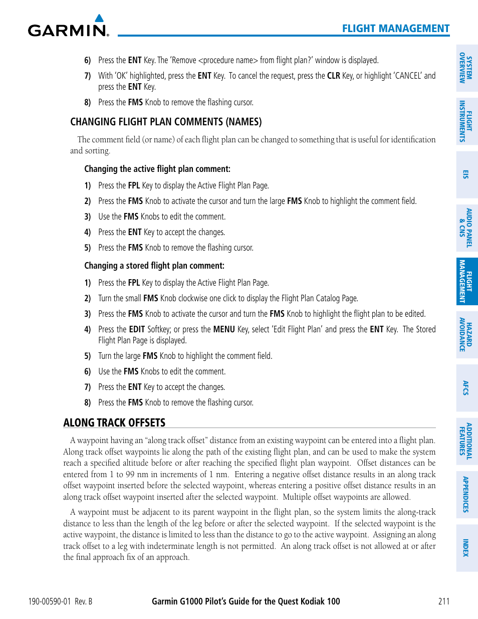 Along track offsets, Flight management, Changing flight plan comments (names) | Garmin G1000 Quest Kodiak User Manual | Page 223 / 476