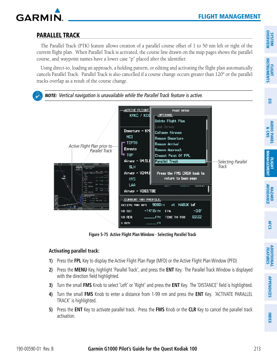 Parallel track, Flight management | Garmin G1000 Quest Kodiak User Manual | Page 225 / 476