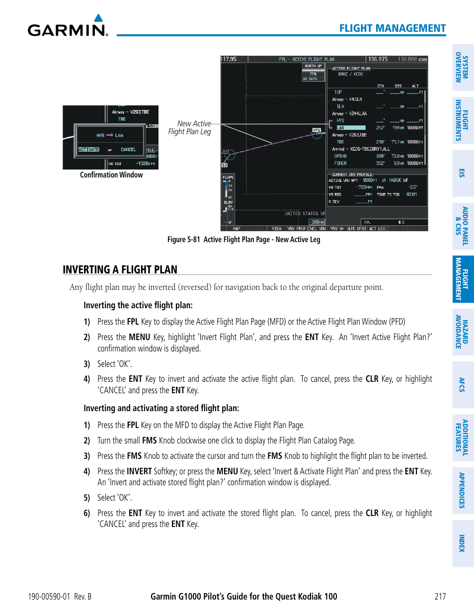 Inverting a flight plan, Flight management | Garmin G1000 Quest Kodiak User Manual | Page 229 / 476