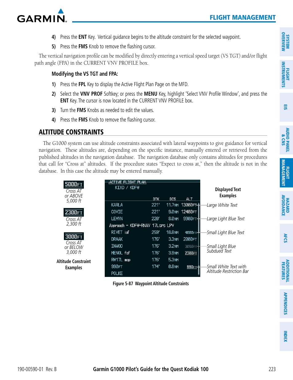 Altitude constraints, Flight management | Garmin G1000 Quest Kodiak User Manual | Page 235 / 476