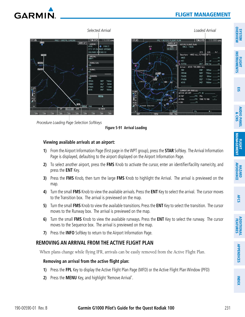 Flight management, Removing an arrival from the active flight plan | Garmin G1000 Quest Kodiak User Manual | Page 243 / 476