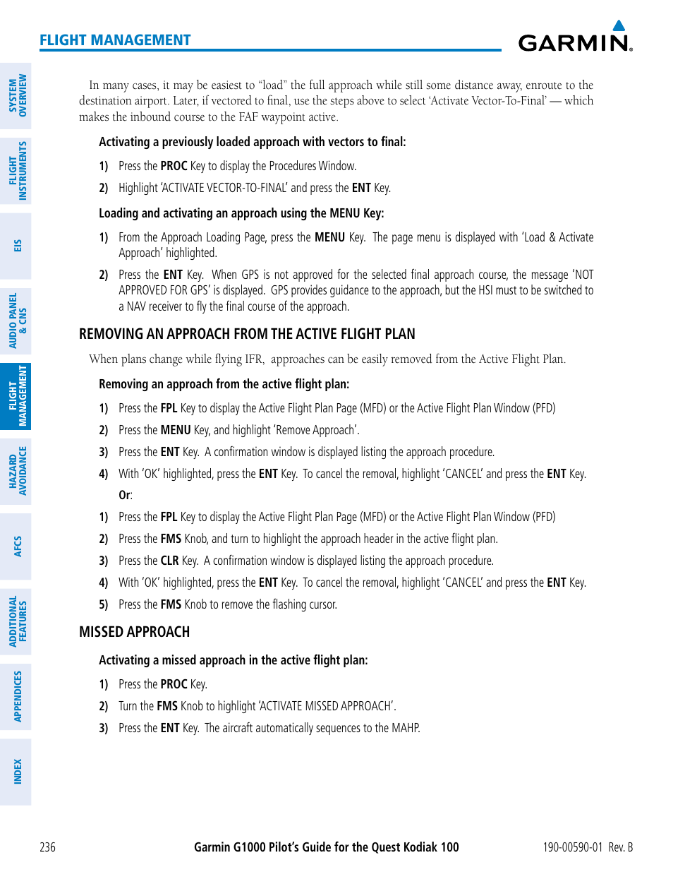 Flight management, Removing an approach from the active flight plan, Missed approach | Garmin G1000 Quest Kodiak User Manual | Page 248 / 476
