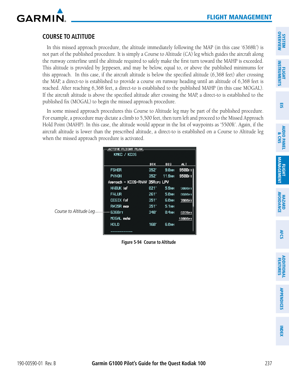 Flight management, Course to altitude | Garmin G1000 Quest Kodiak User Manual | Page 249 / 476