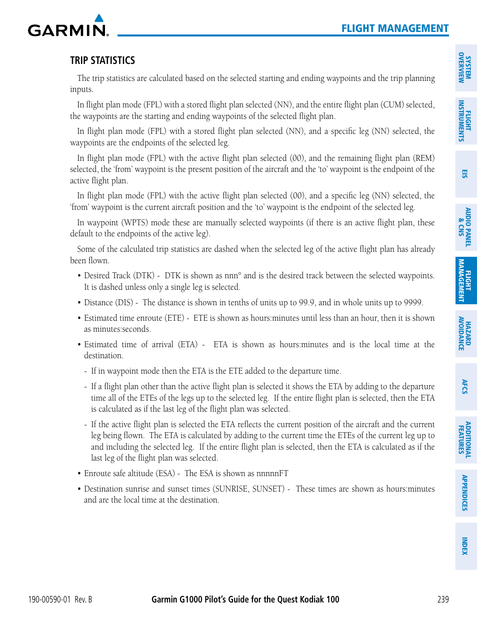 Flight management, Trip statistics | Garmin G1000 Quest Kodiak User Manual | Page 251 / 476