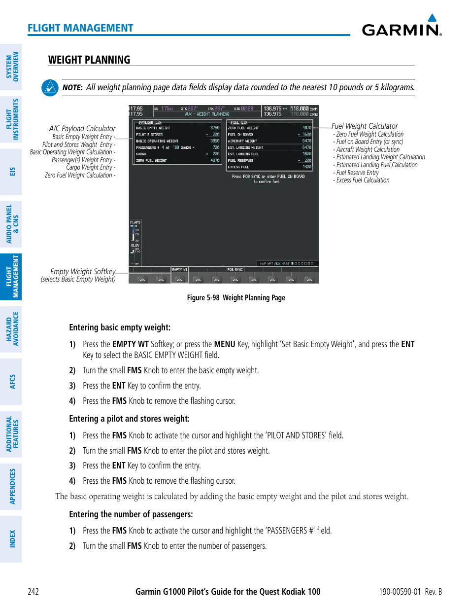 Weight planning, Flight management | Garmin G1000 Quest Kodiak User Manual | Page 254 / 476