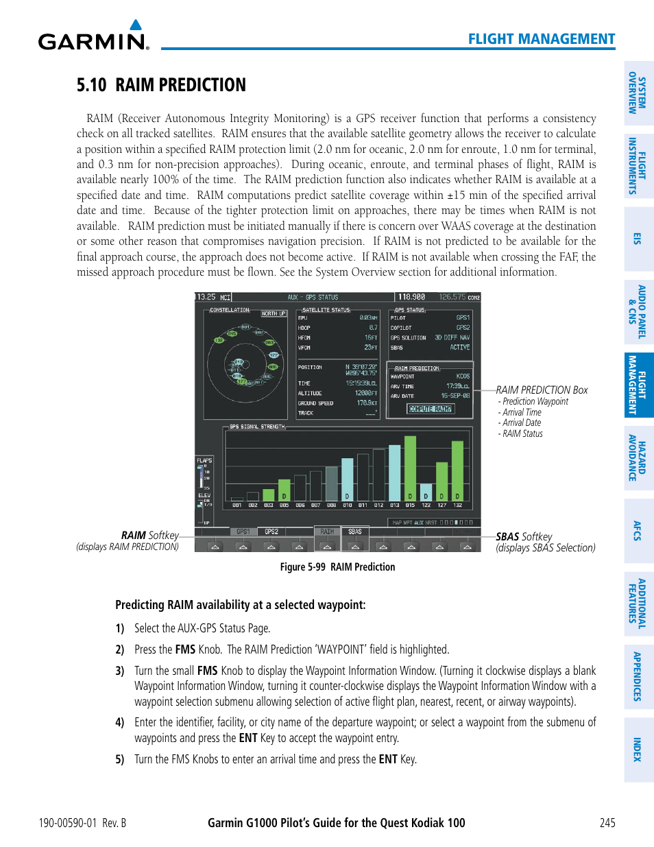 10 raim prediction, Flight management | Garmin G1000 Quest Kodiak User Manual | Page 257 / 476