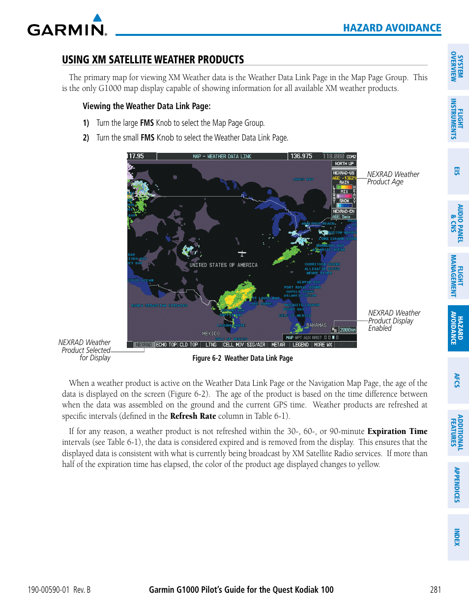 Using xm satellite weather products, Hazard avoidance | Garmin G1000 Quest Kodiak User Manual | Page 293 / 476