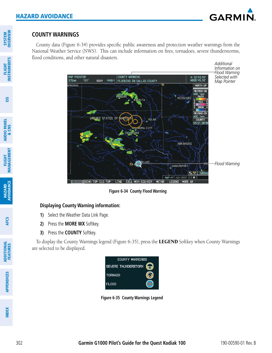 Hazard avoidance county warnings | Garmin G1000 Quest Kodiak User Manual | Page 314 / 476