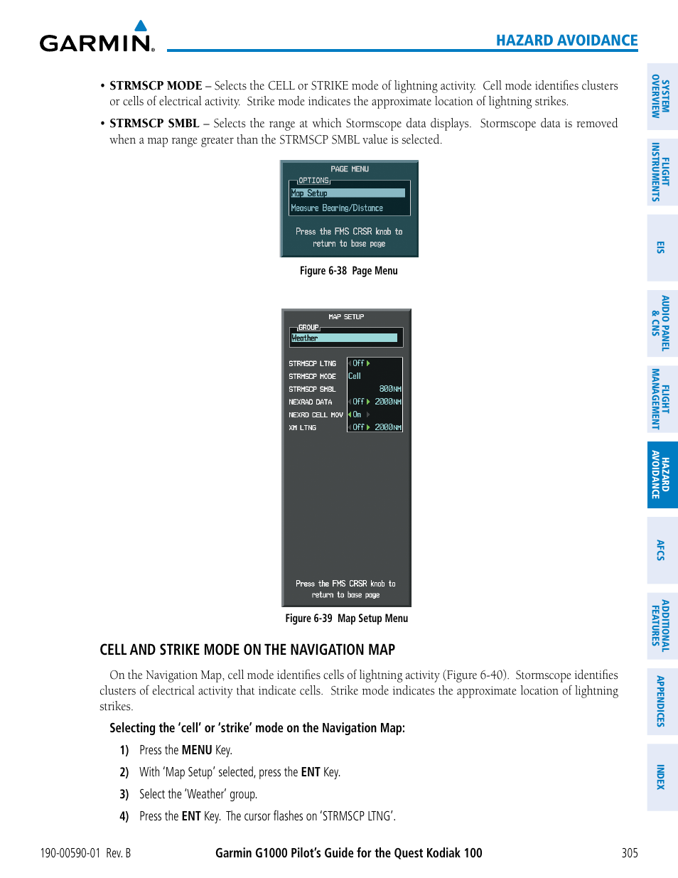 Hazard avoidance, Cell and strike mode on the navigation map | Garmin G1000 Quest Kodiak User Manual | Page 317 / 476