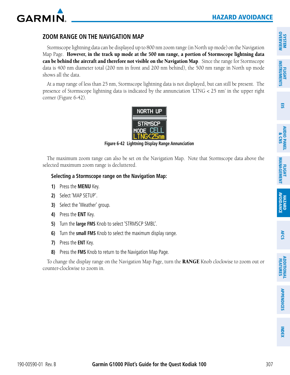 Hazard avoidance zoom range on the navigation map | Garmin G1000 Quest Kodiak User Manual | Page 319 / 476