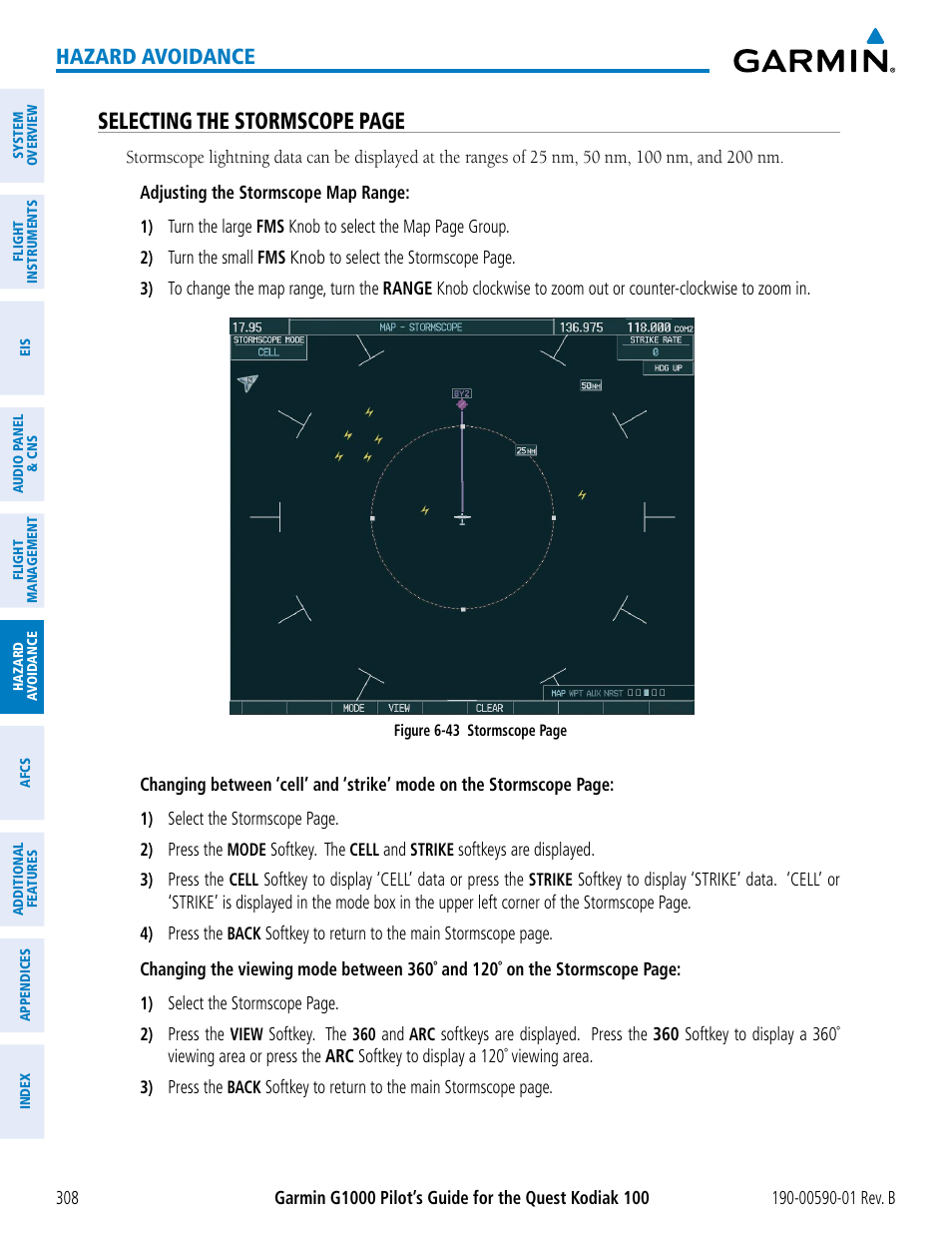 Selecting the stormscope page, Hazard avoidance | Garmin G1000 Quest Kodiak User Manual | Page 320 / 476