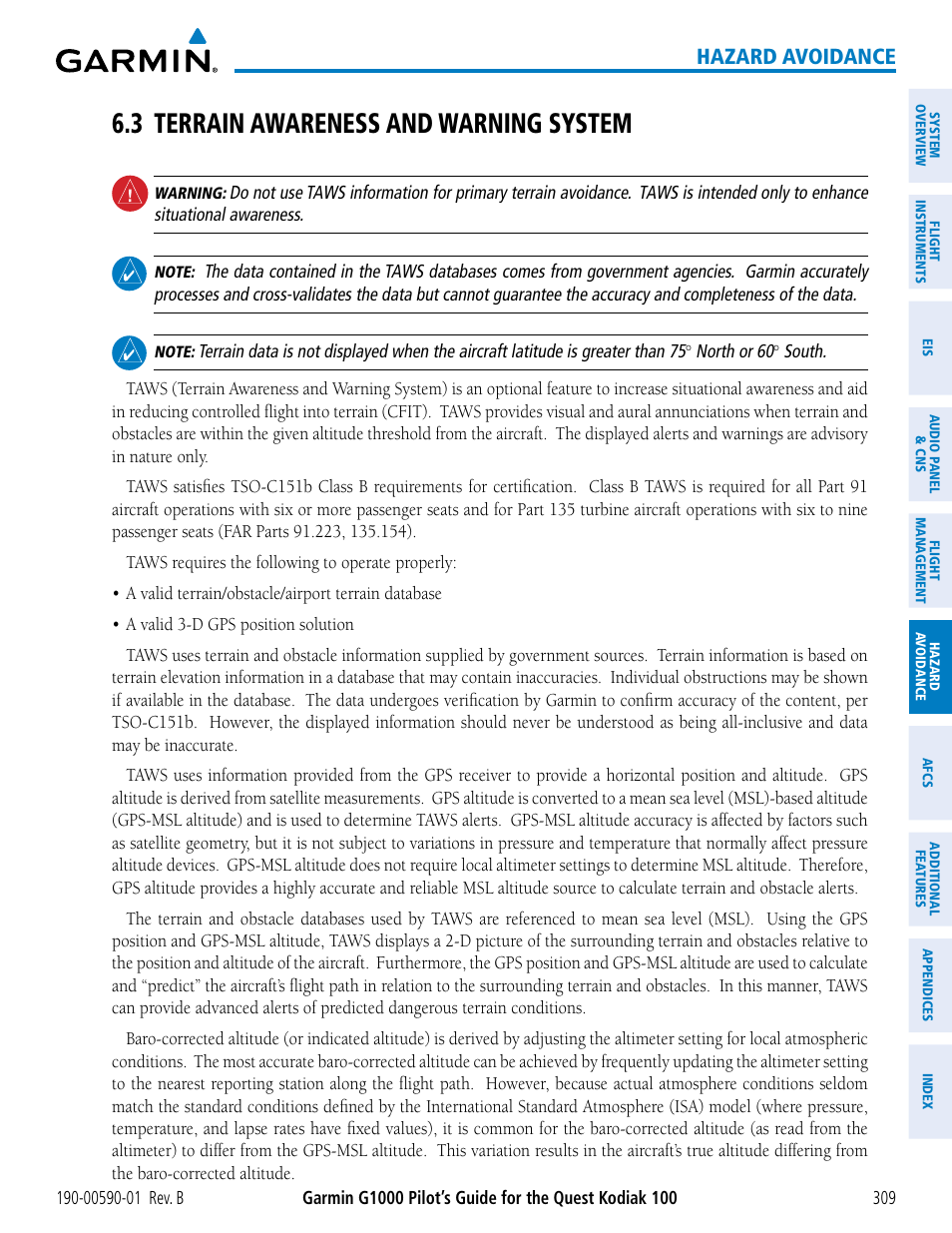3 terrain awareness and warning system, Hazard avoidance | Garmin G1000 Quest Kodiak User Manual | Page 321 / 476