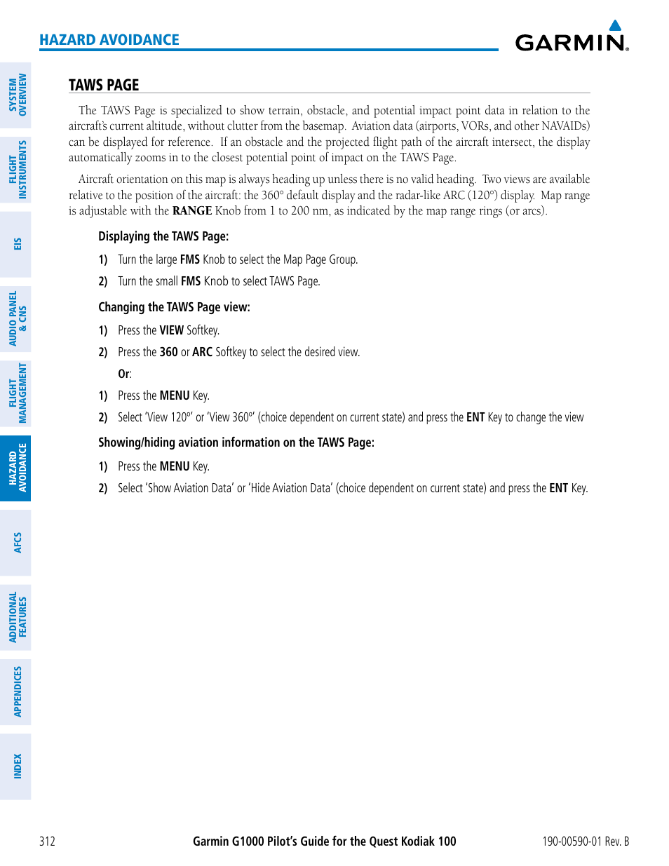 Taws page, Hazard avoidance | Garmin G1000 Quest Kodiak User Manual | Page 324 / 476