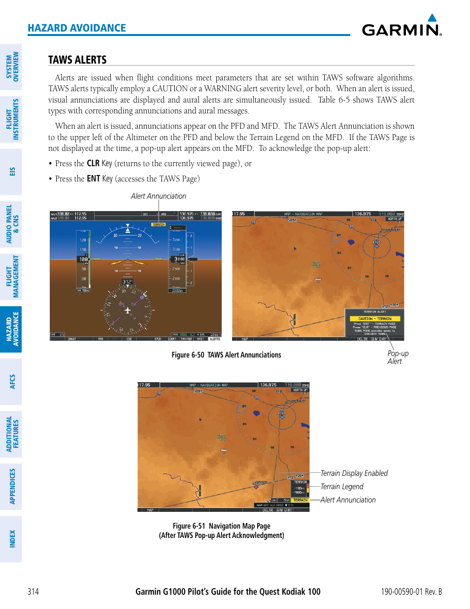 Taws alerts, Hazard avoidance | Garmin G1000 Quest Kodiak User Manual | Page 326 / 476