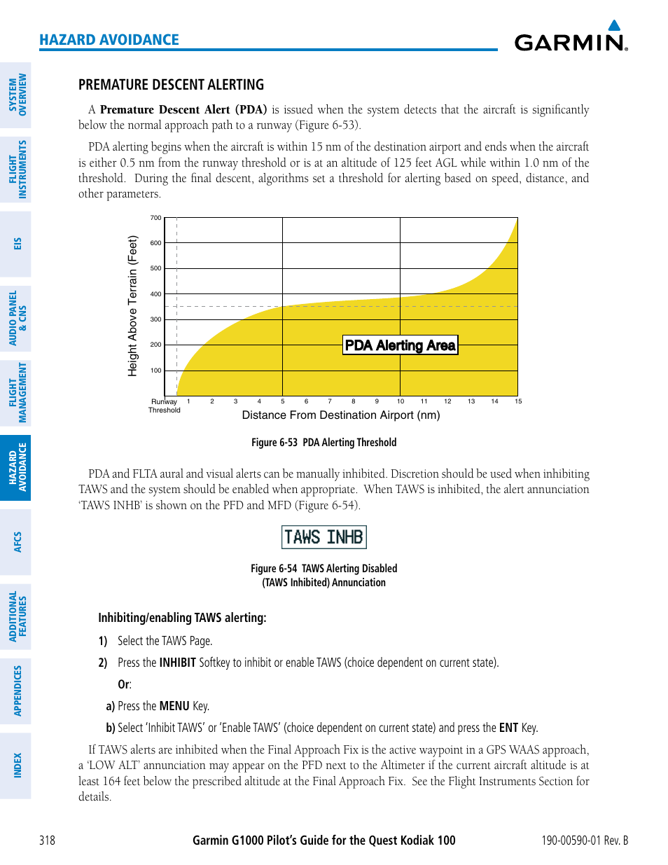 Hazard avoidance premature descent alerting, Pda alerting area, Inhibiting/enabling taws alerting | Select the taws page, Press the menu key | Garmin G1000 Quest Kodiak User Manual | Page 330 / 476