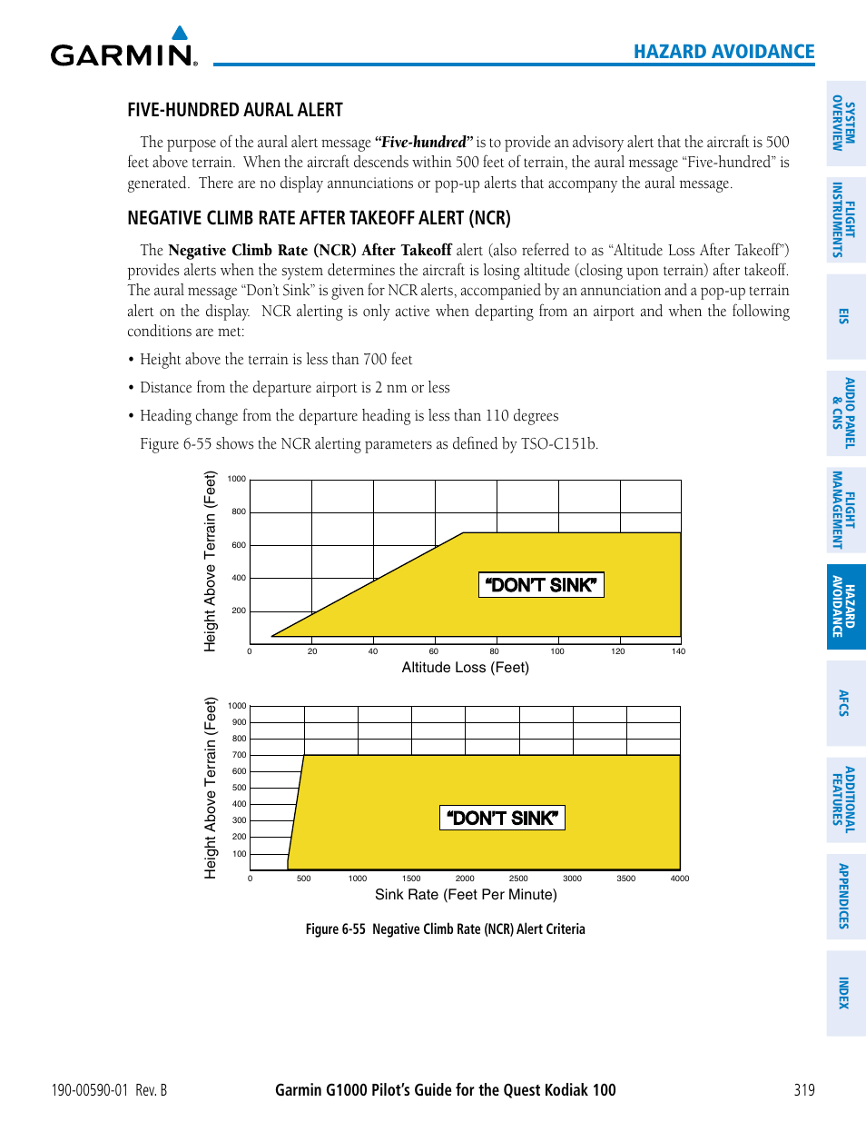 Hazard avoidance five-hundred aural alert, Negative climb rate after takeoff alert (ncr), Don’t sink | Garmin G1000 Quest Kodiak User Manual | Page 331 / 476