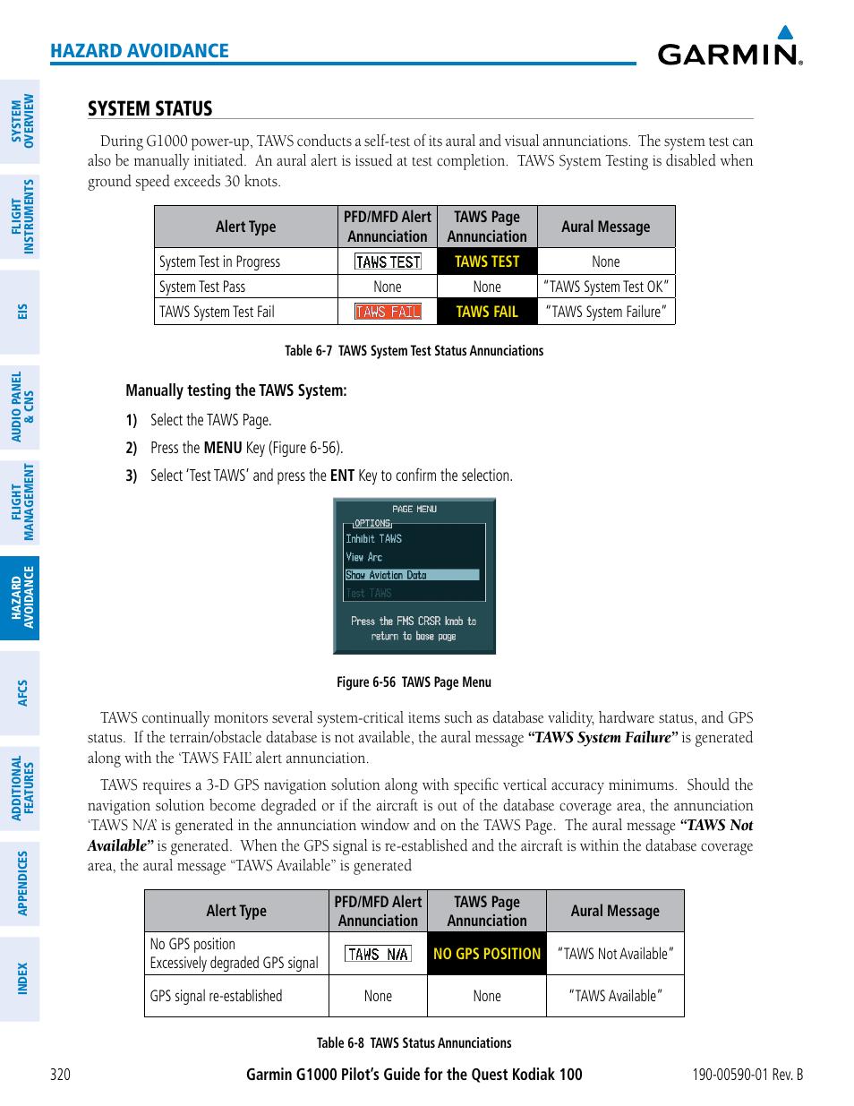 System status, Hazard avoidance | Garmin G1000 Quest Kodiak User Manual | Page 332 / 476