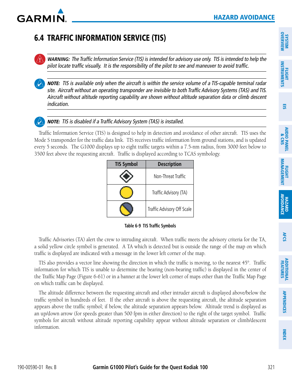 4 traffic information service (tis), Hazard avoidance | Garmin G1000 Quest Kodiak User Manual | Page 333 / 476