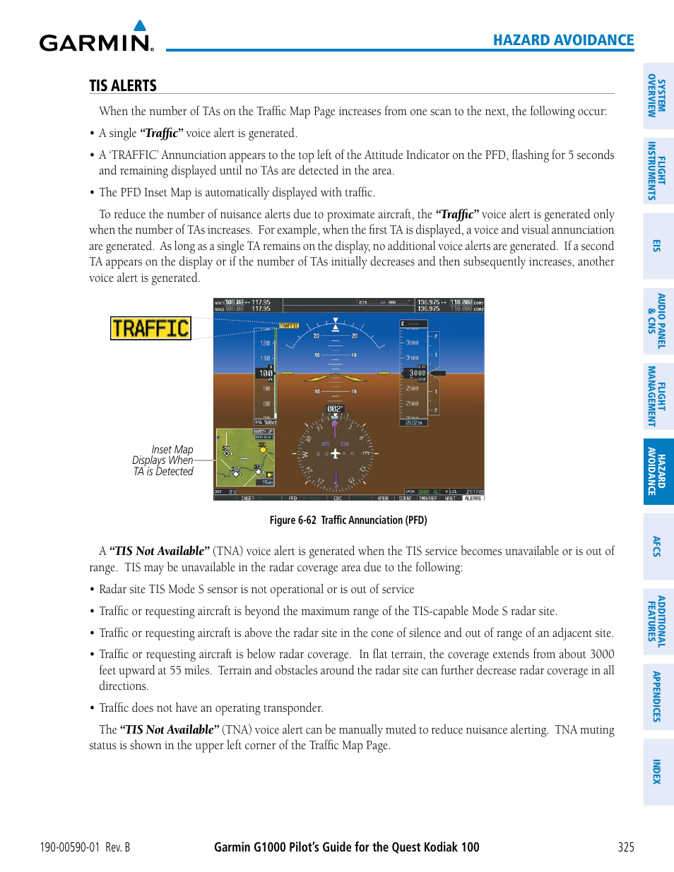 Tis alerts, Hazard avoidance | Garmin G1000 Quest Kodiak User Manual | Page 337 / 476