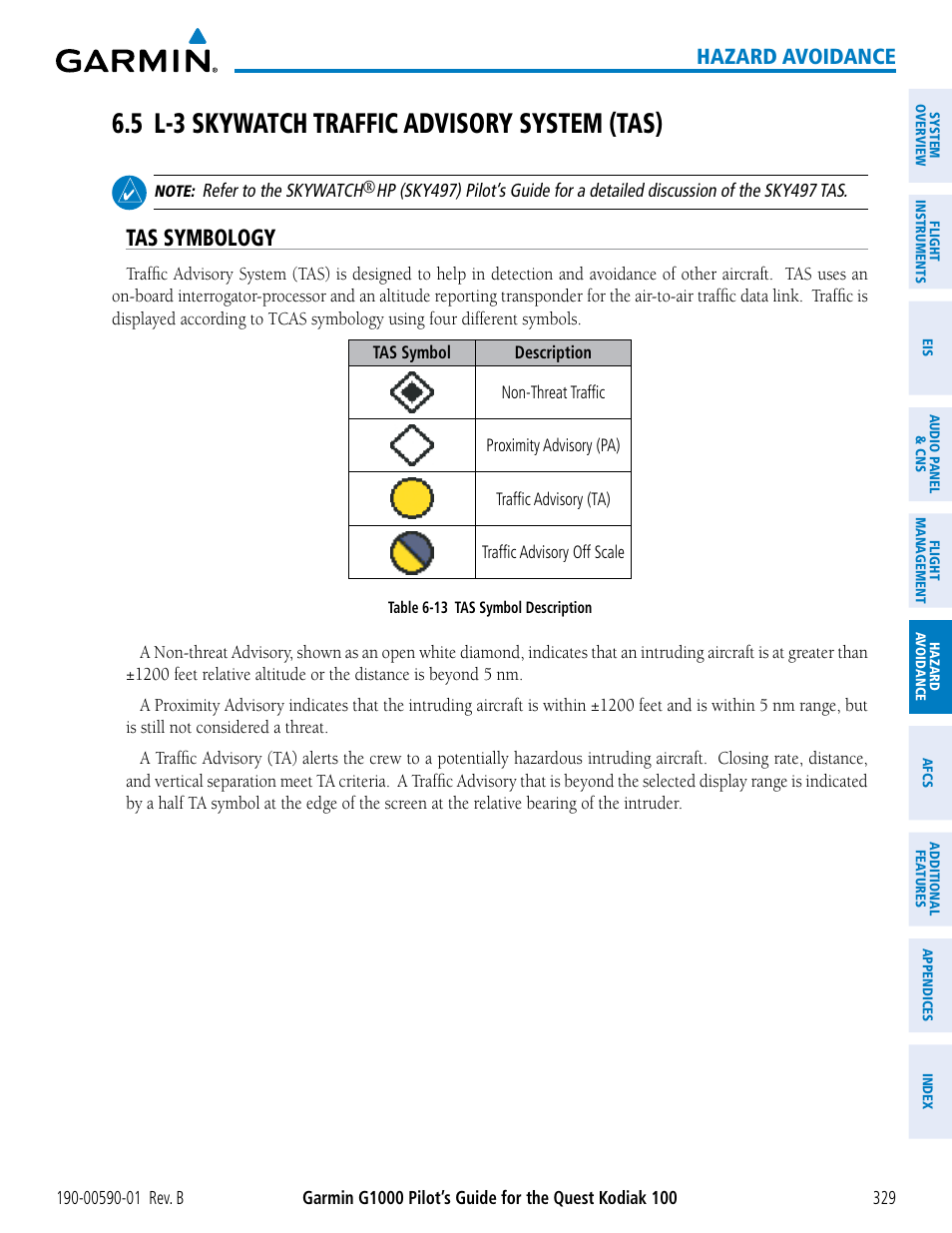 5 l-3 skywatch traffic advisory system (tas), Tas symbology, Hazard avoidance | Garmin G1000 Quest Kodiak User Manual | Page 341 / 476